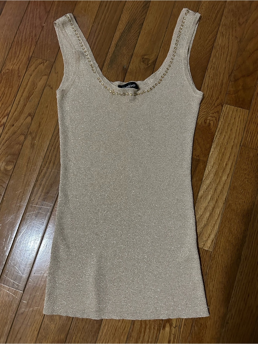Like New! Bebe Metallic Beige Sleeveless Tank with Embellished Scoop Neck